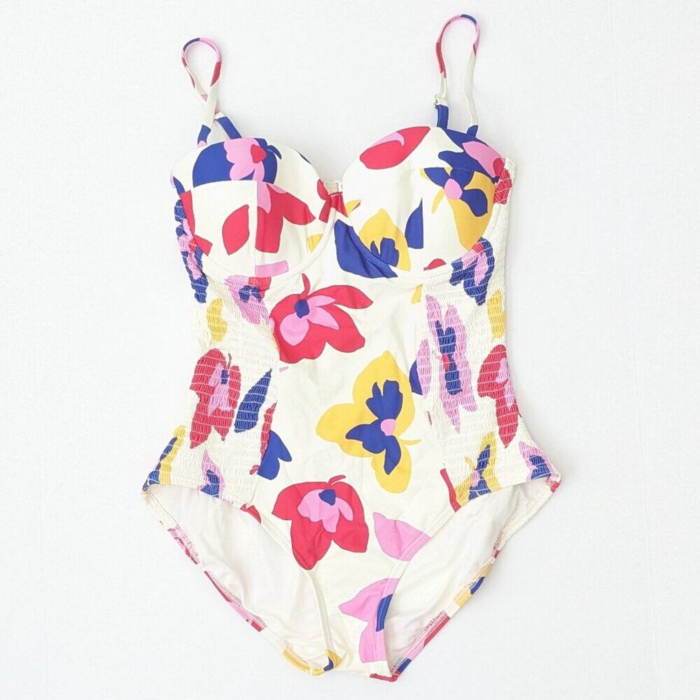 Kate Spade Smocked Underwire One-Piece Swimsuit, Ivory Floral, Women's Large